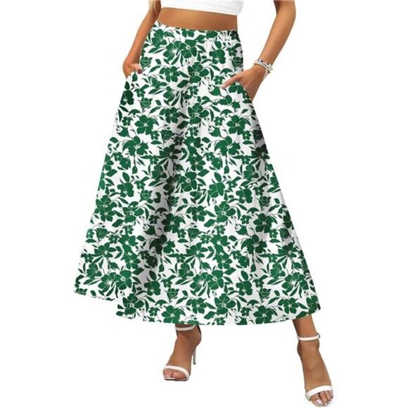 Women's Elastic High Waist A-Line Flowy Swing White Green - Picture 1 of 6